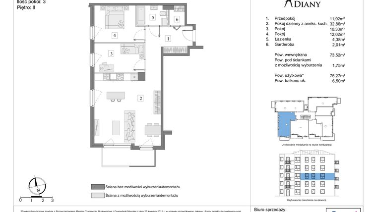 Rzut - Mieszkanie na sprzedaż 3 pokoje o powierzchni 75,27 m² - numer 20 w Ogrody Diany - Diany 36