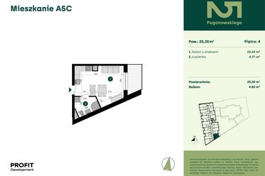 Rzut - Mieszkanie na sprzedaż 1 pokój o powierzchni 25,2 m² - numer POGO2/A/5C w Pogonowskiego 52