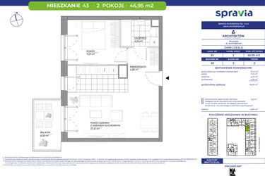 Rzut - Mieszkanie na sprzedaż 2 pokoje o powierzchni 46,95 m² - numer B1_43 w Architektów