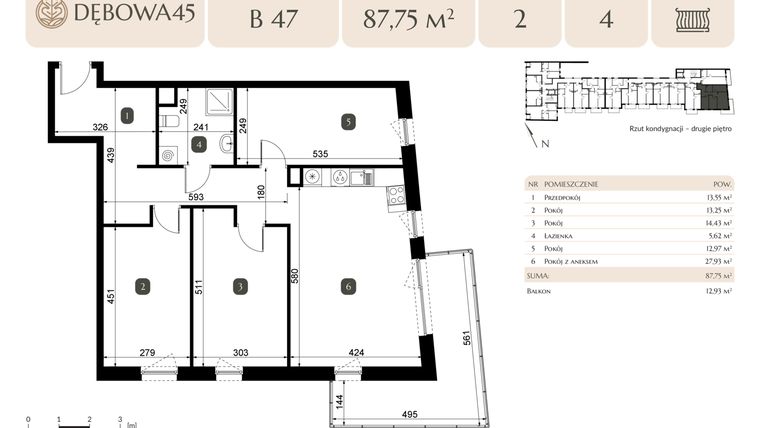 Rzut - Lokal użytkowy na sprzedaż 4 pokoje o powierzchni 87,75 m² - numer B.47 - LU8 w Dębowa 45