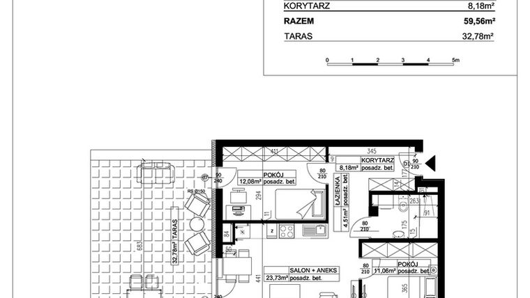 Rzut - Mieszkanie na sprzedaż 3 pokoje o powierzchni 59,56 m² - numer 18 w Ceramika