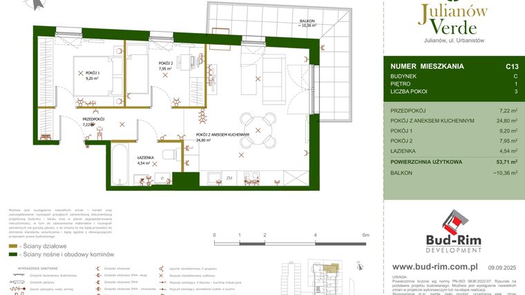 Rzut - Mieszkanie na sprzedaż 3 pokoje o powierzchni 53,71 m² - numer 13 w Julianów Verde