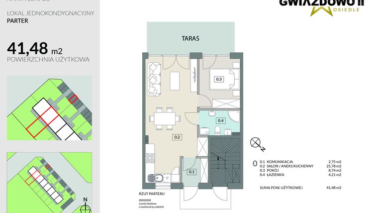 Rzut - Mieszkanie na sprzedaż 2 pokoje o powierzchni 41,48 m² - numer A21.1 w Gwiazdowo II