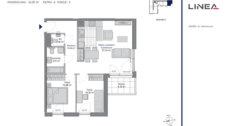 Rzut - Mieszkanie na sprzedaż 3 pokoje o powierzchni 63,87 m² - numer B.4.7 w Linea