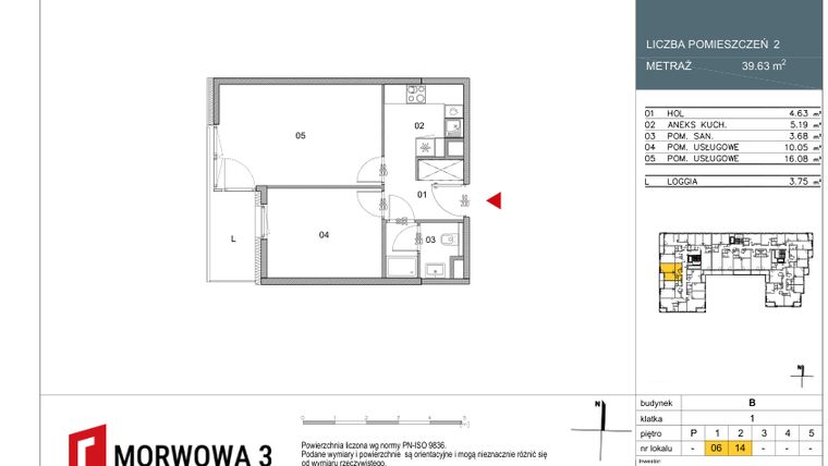 Rzut - Mieszkanie na sprzedaż 2 pokoje o powierzchni 39,63 m² - numer 6 w Morwowa 3 - Apartamenty Inwestycyjne