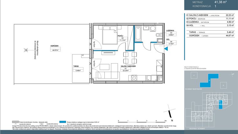 Rzut - Mieszkanie na sprzedaż 2 pokoje o powierzchni 41,39 m² - numer D2.1.10 w Nordic Bemowo - etap IV