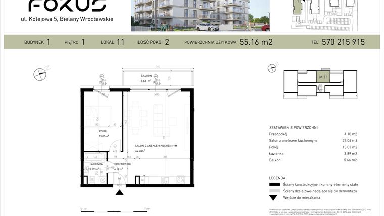 Rzut - Mieszkanie na sprzedaż 2 pokoje o powierzchni 55,16 m² - numer B1-11 w Fokus Bielany