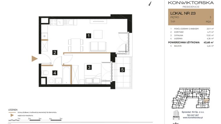 Rzut - Mieszkanie na sprzedaż 2 pokoje o powierzchni 43,68 m² - numer 23 w Konwiktorska Residence