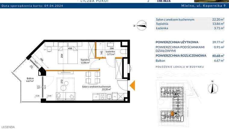 Rzut - Mieszkanie na sprzedaż 2 pokoje o powierzchni 40,68 m² - numer 1.06 w The Blue