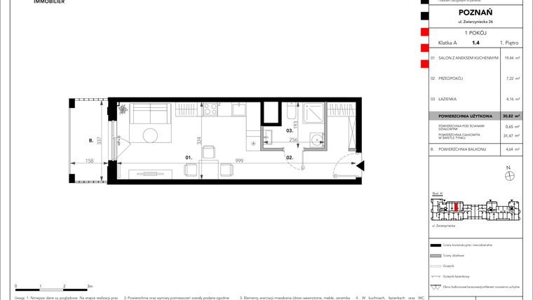 Rzut - Mieszkanie na sprzedaż 1 pokój o powierzchni 30,81 m² - numer A.1.4 w Zajezdnia