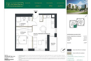 Rzut - Mieszkanie na sprzedaż 2 pokoje o powierzchni 39,86 m² - numer 1.M12 w Sosnovia