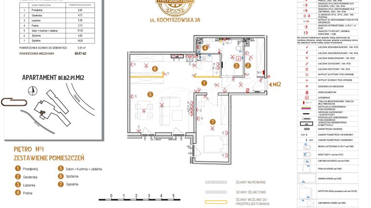 Rzut - Mieszkanie na sprzedaż 2 pokoje o powierzchni 69,47 m² - numer B1.B2.P1.M12 w Faktoria Młyn
