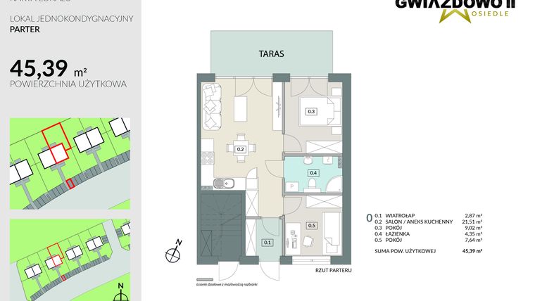 Rzut - Mieszkanie na sprzedaż 3 pokoje o powierzchni 45,39 m² - numer D4.1 w Gwiazdowo II
