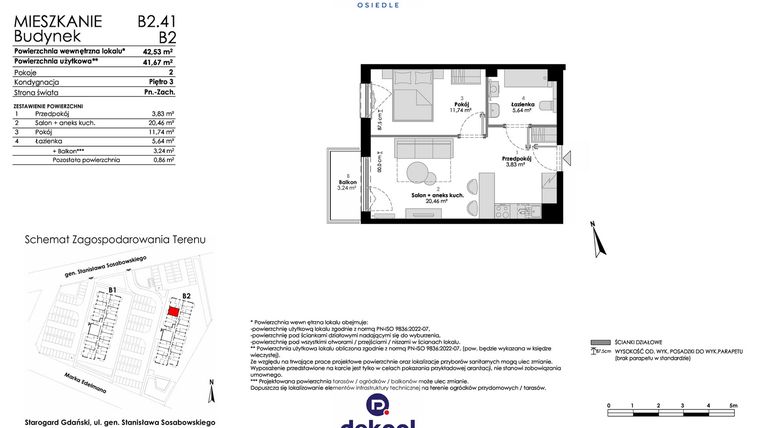 Rzut - Mieszkanie na sprzedaż 2 pokoje o powierzchni 41,67 m² - numer B2.41 w Osiedle Chabrowe