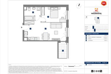 Rzut - Mieszkanie na sprzedaż 2 pokoje o powierzchni 44,65 m² - numer B.11 w Osiedle przy Malborskiej II