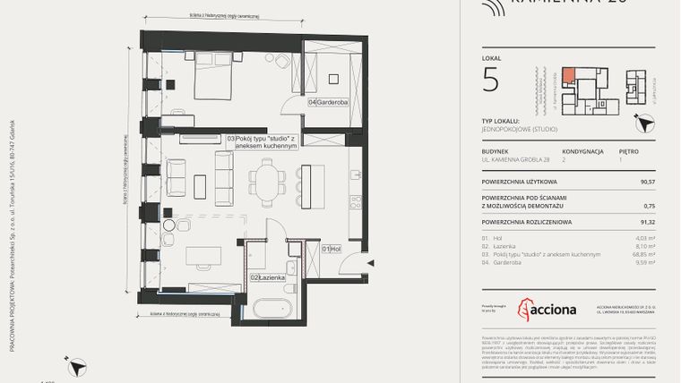Rzut - Mieszkanie na sprzedaż 1 pokój o powierzchni 91,32 m² - numer 5 w Kamienna 28