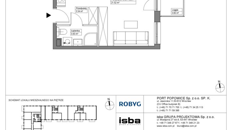 Rzut - Mieszkanie na sprzedaż 1 pokój o powierzchni 28,52 m² - numer PPO/W/A/9/3 w Port Popowice bud. W