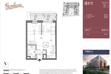 Rzut - Mieszkanie na sprzedaż 1 pokój o powierzchni 38,87 m² - numer G1/1 w Goplana budynek G