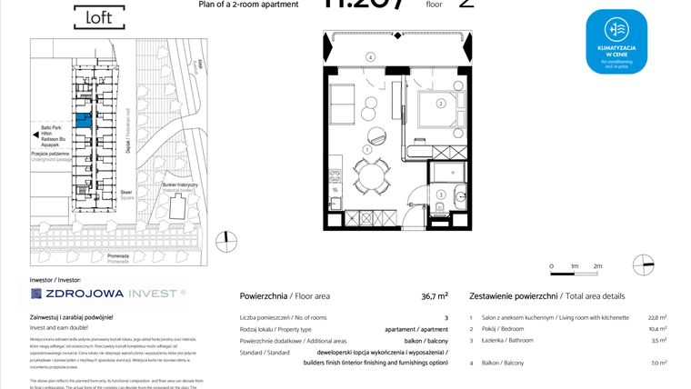 Rzut - Mieszkanie na sprzedaż 2 pokoje o powierzchni 36,7 m² - numer H.207 w Baltic Park Loft