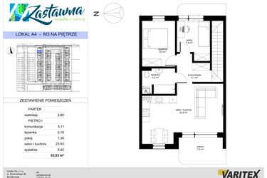 Rzut - Mieszkanie na sprzedaż 3 pokoje o powierzchni 53,83 m² - numer A.4 w Zastawna OdNova