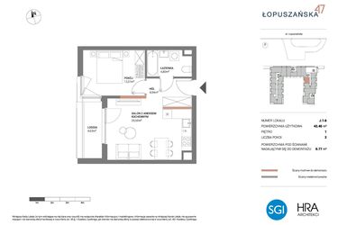 Rzut - Mieszkanie na sprzedaż 2 pokoje o powierzchni 42,4 m² - numer J.1.6 w Łopuszańska 47 - etap 3