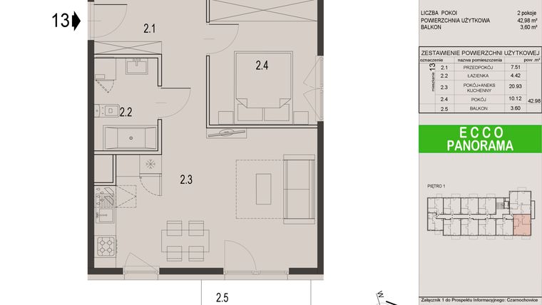 Rzut - Mieszkanie na sprzedaż 2 pokoje o powierzchni 42,98 m² - numer 13C w Ecco Panorama etap II budynki C, D