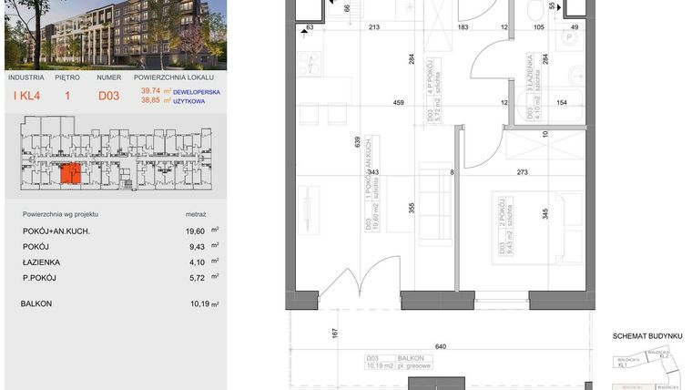 Rzut - Mieszkanie na sprzedaż 2 pokoje o powierzchni 38,85 m² - numer I-D3 w Industria etap I-D