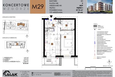 Rzut - Mieszkanie na sprzedaż 2 pokoje o powierzchni 37,76 m² - numer C1_M29 w Koncertowe Wzgórze etap II
