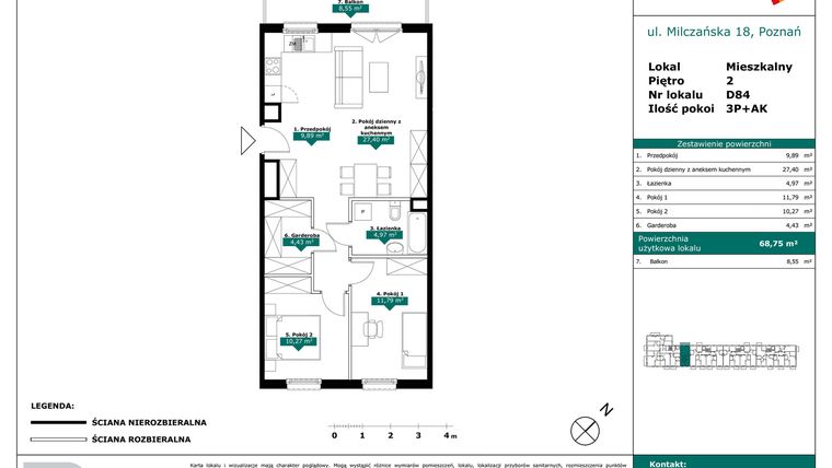 Rzut - Mieszkanie na sprzedaż 3 pokoje o powierzchni 68,75 m² - numer D84 w Milczańska 18