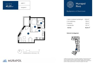Rzut - Mieszkanie na sprzedaż 1 pokój o powierzchni 43,25 m² - numer 1.B.1.10 w Murapol Rivo