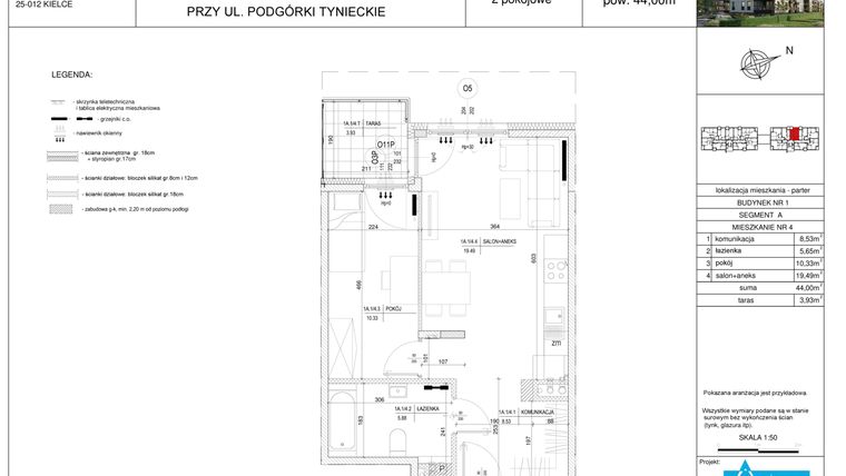 Rzut - Mieszkanie na sprzedaż 2 pokoje o powierzchni 44 m² - numer A4 w Podgórki Tynieckie