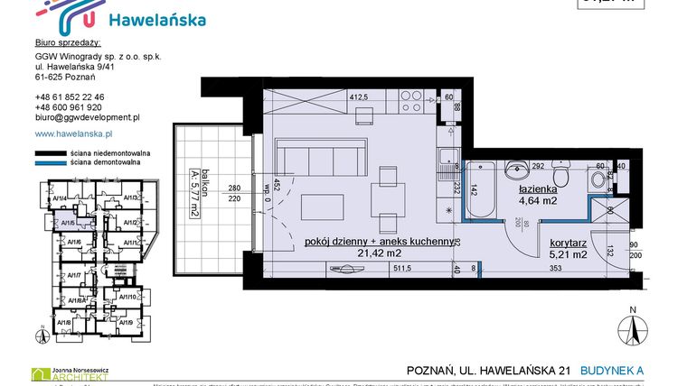Rzut - Mieszkanie na sprzedaż 1 pokój o powierzchni 31,34 m² - numer A/1/5 w Osiedle Hawelańska etap III - bud. A