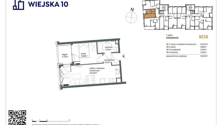 Rzut - Mieszkanie na sprzedaż 2 pokoje o powierzchni 36,94 m² - numer 38 w Wiejska 10