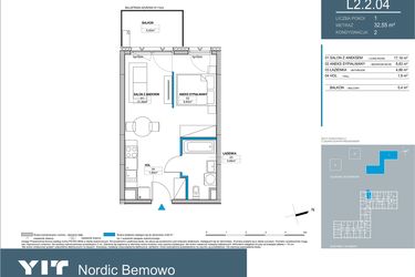 Rzut - Mieszkanie na sprzedaż 1 pokój o powierzchni 32,55 m² - numer L2.2.04 w Nordic Bemowo - etap III