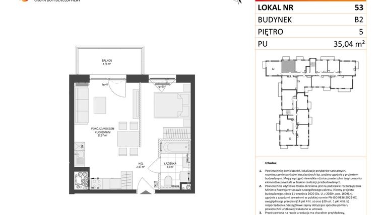 Rzut - Mieszkanie na sprzedaż 1 pokój o powierzchni 35,04 m² - numer 53 w Locus 2 bud. B2