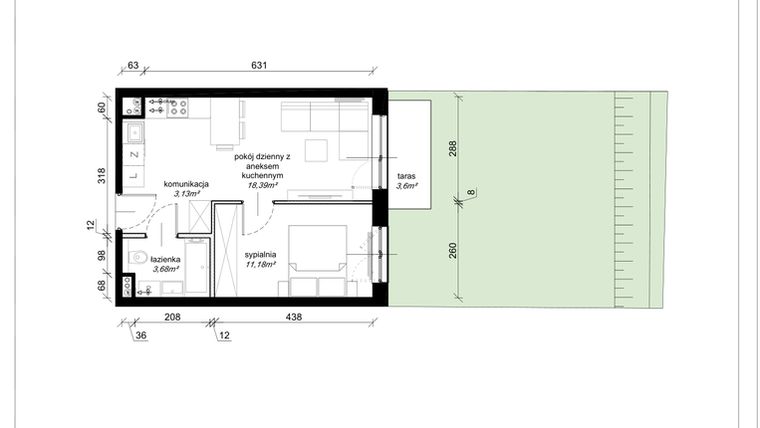 Rzut - Mieszkanie na sprzedaż 2 pokoje o powierzchni 36,38 m² - numer F.0.06.2a w Art.Teo etap 3