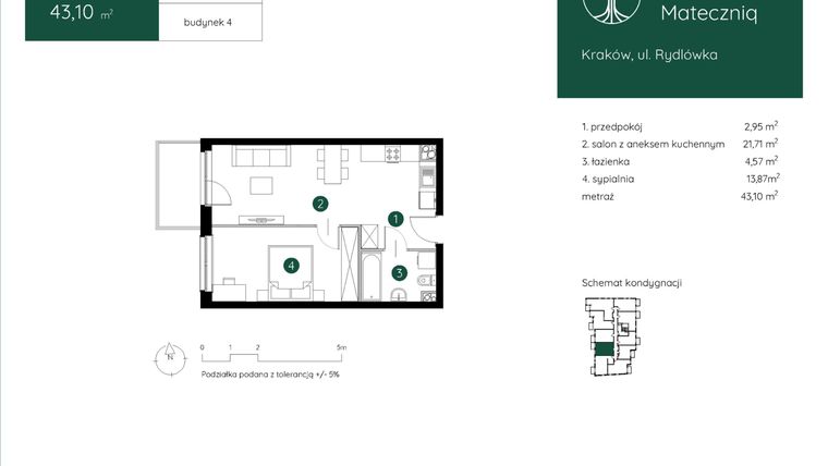 Rzut - Mieszkanie na sprzedaż 2 pokoje o powierzchni 43,24 m² - numer 4.A.1.05 w Murapol Mateczniq