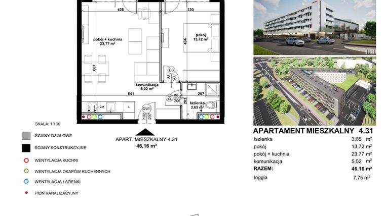 Rzut - Mieszkanie na sprzedaż 2 pokoje o powierzchni 46,06 m² - numer 4.31 w Apartamentowiec Zwycięska 3