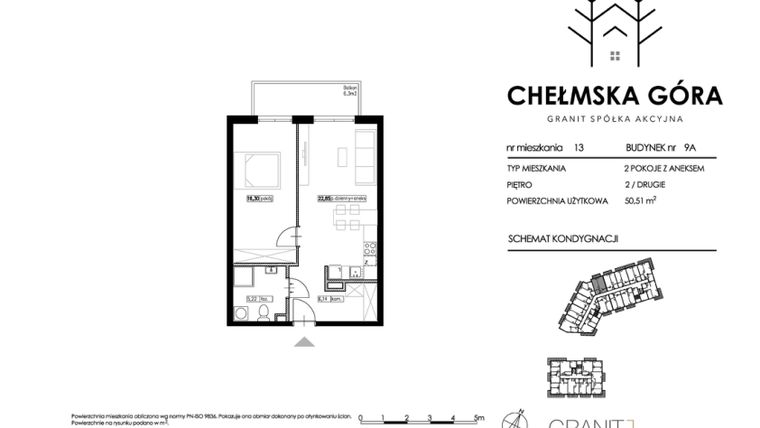 Rzut - Mieszkanie na sprzedaż 2 pokoje o powierzchni 50,69 m² - numer C-9A-M13 w Chełmska Góra
