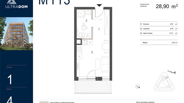 Rzut - Mieszkanie na sprzedaż 1 pokój o powierzchni 28,9 m² - numer M113 w Ultradom