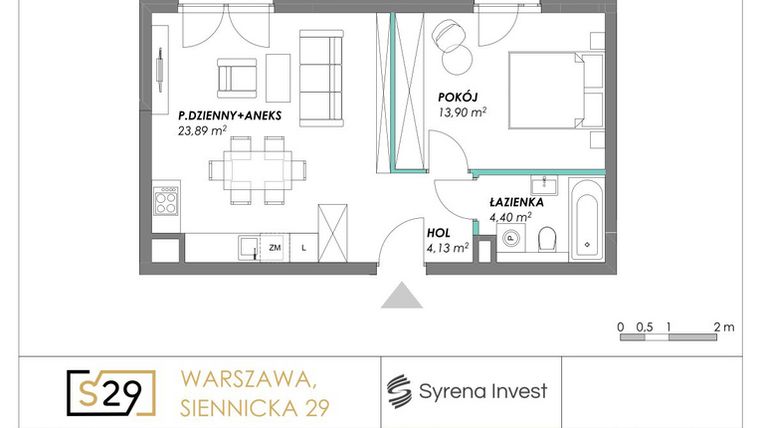 Rzut - Mieszkanie na sprzedaż 2 pokoje o powierzchni 46,32 m² - numer 1 w Siennicka 29