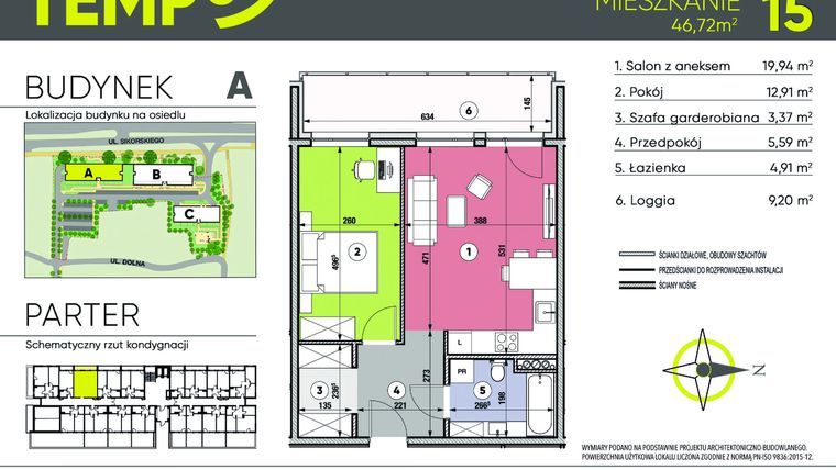 Rzut - Mieszkanie na sprzedaż 2 pokoje o powierzchni 46,72 m² - numer A15 w Osiedle TEMPO