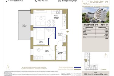Rzut - Mieszkanie na sprzedaż 3 pokoje o powierzchni 42,65 m² - numer 15 w Barbary 19