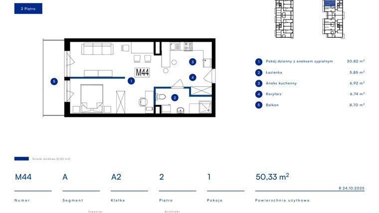 Rzut - Mieszkanie na sprzedaż 1 pokój o powierzchni 50,33 m² - numer 44A w Przy Bursztynowej