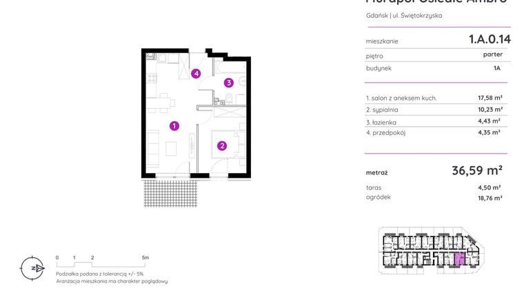Rzut - Mieszkanie na sprzedaż 2 pokoje o powierzchni 36,59 m² - numer 1.A.0.14 w Murapol Osiedle Ambro