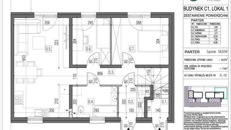 Rzut - Mieszkanie na sprzedaż 3 pokoje o powierzchni 54,97 m² - numer C1/1 w Spokojna Wólka etap IV