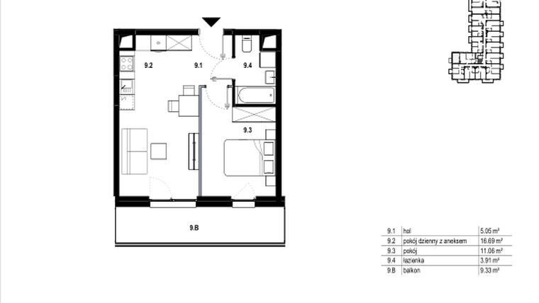 Rzut - Mieszkanie na sprzedaż 2 pokoje o powierzchni 36,71 m² - numer C3.9 w Osiedle Mozaika