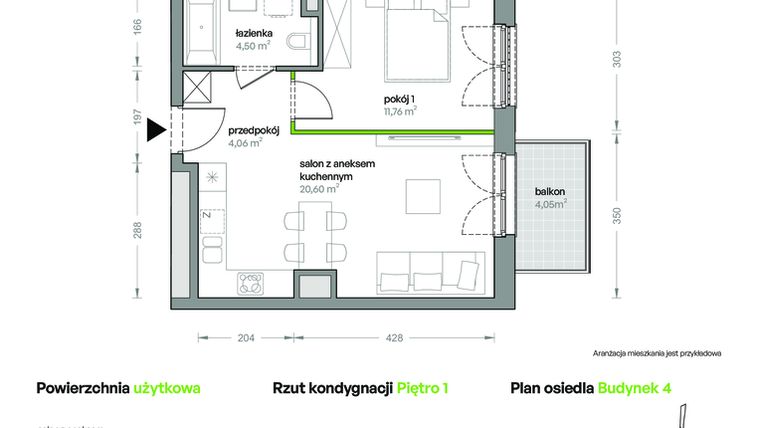 Rzut - Mieszkanie na sprzedaż 2 pokoje o powierzchni 40,92 m² - numer B4/A/13 w Ceglana Park