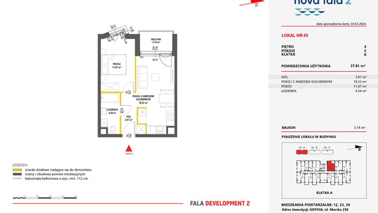 Rzut - Mieszkanie na sprzedaż 2 pokoje o powierzchni 37,81 m² - numer 45 w Miasteczko Nova Fala 2