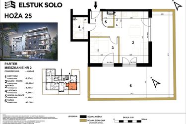 Rzut - Mieszkanie na sprzedaż 2 pokoje o powierzchni 40,42 m² - numer 2 w Hoża 25